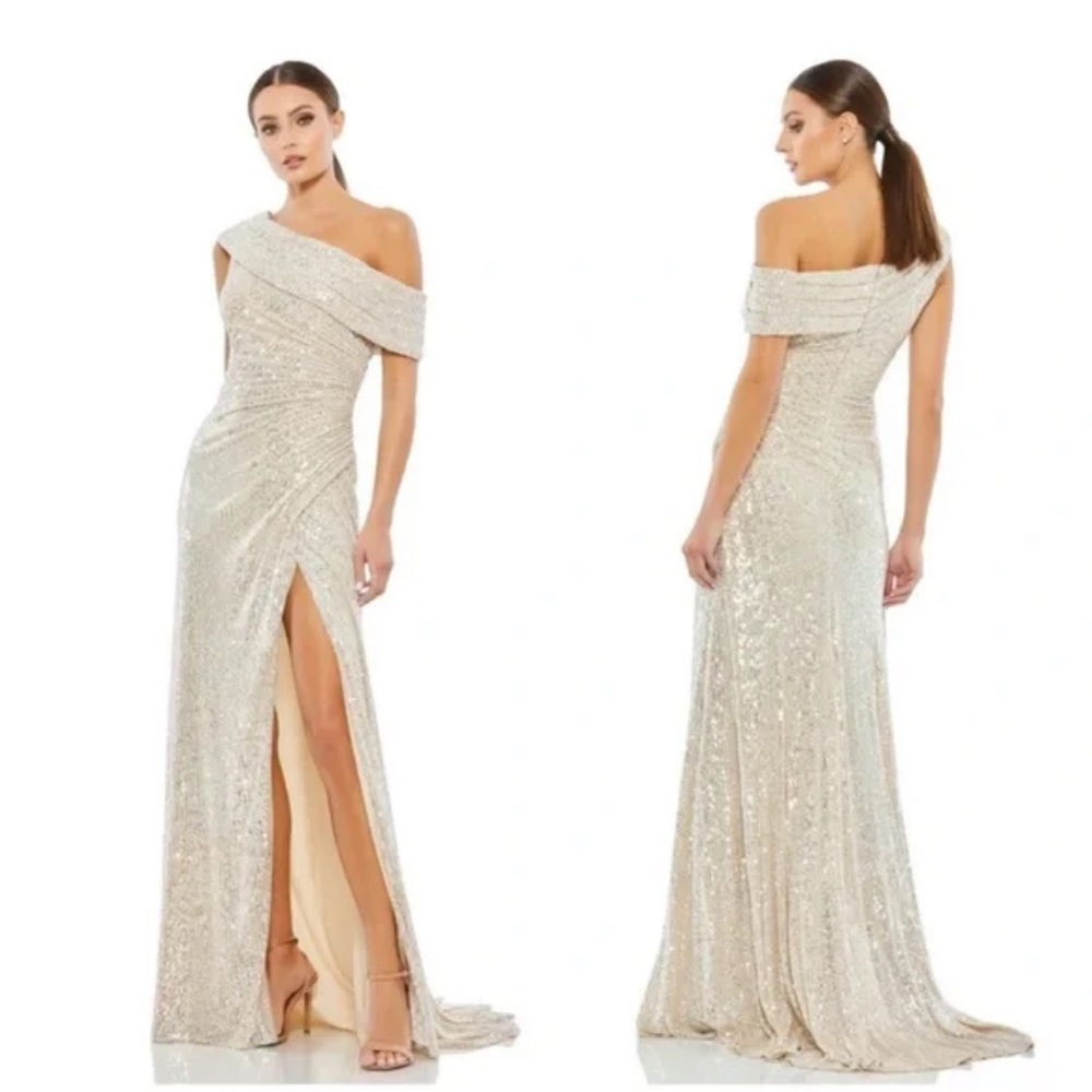 NWT Mac Duggal Nude Sequin Drop Shoulder Rouched Maxi Formal dress gown size L